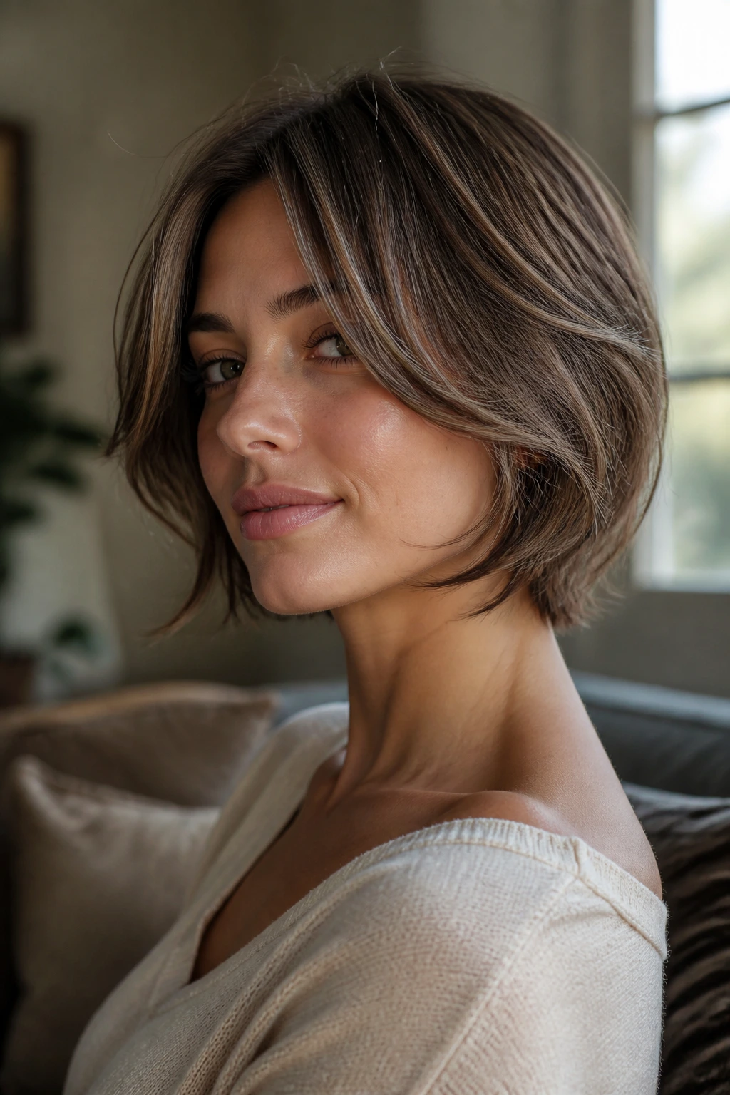 Close-up of a woman with feathered jawline bob with face-framing layers