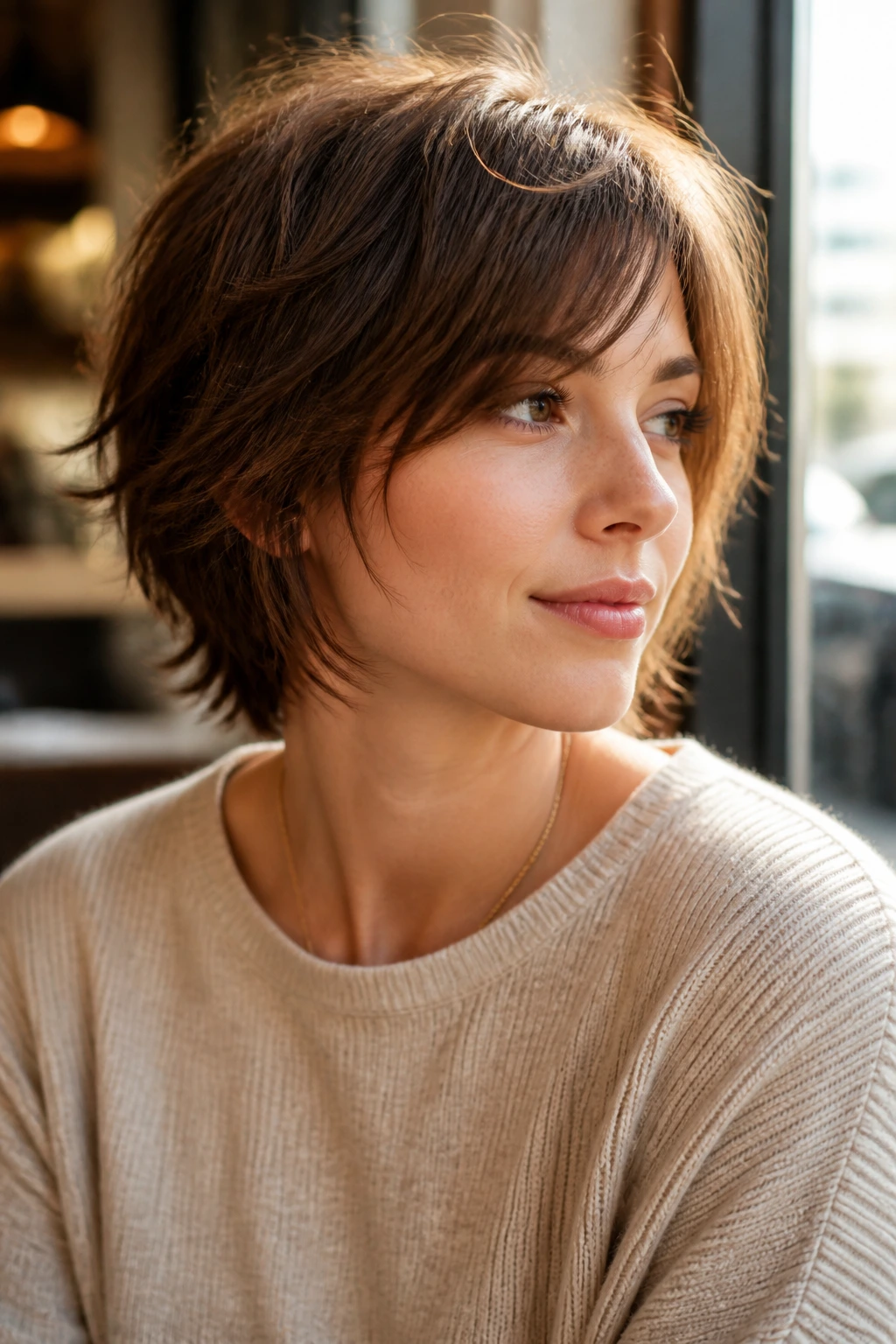 Medium close-up of a real woman with feathered layer crop haircut in daylight cafe