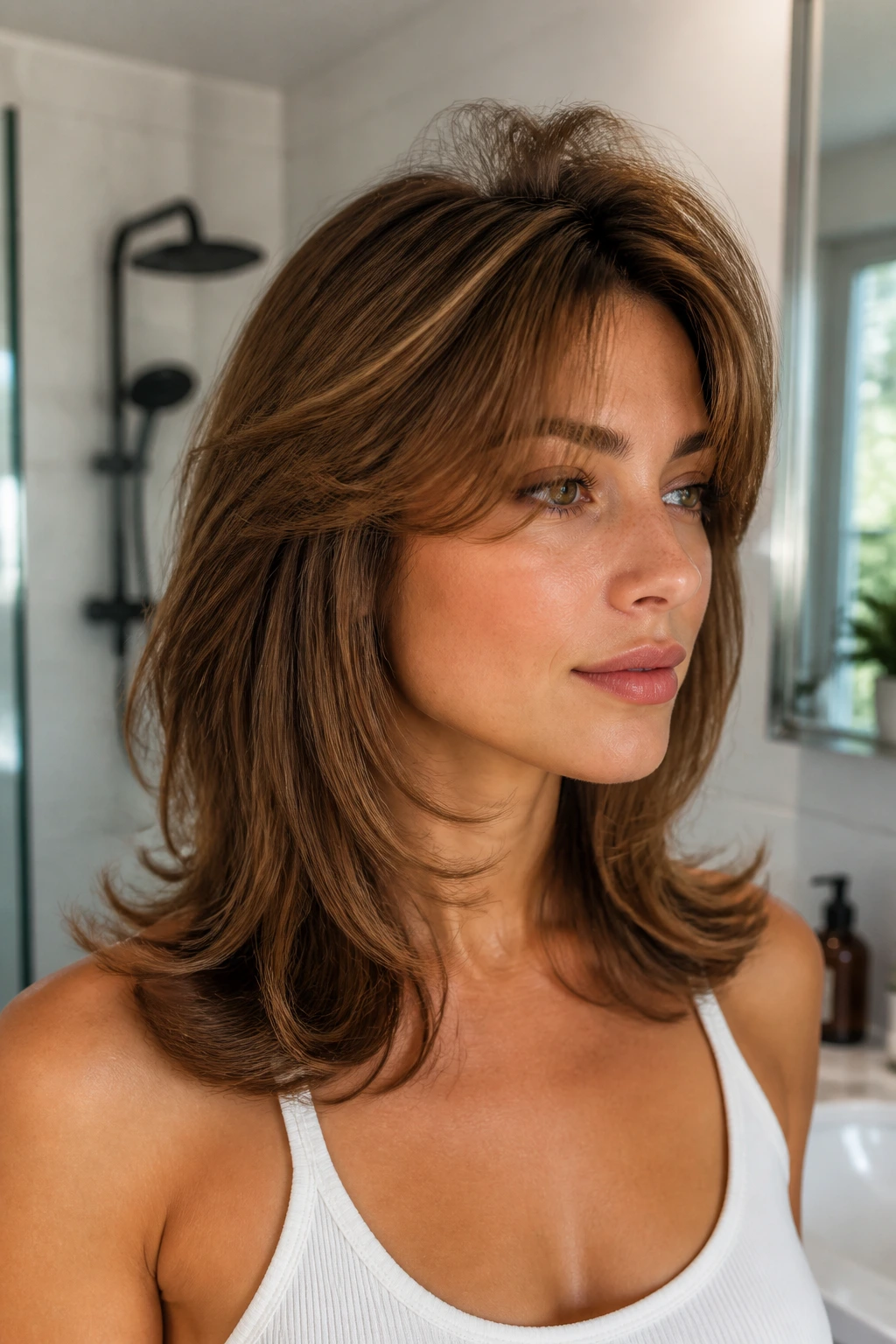 Close-up of a person with feathered layered bangs lifting at the crown in soft bathroom light