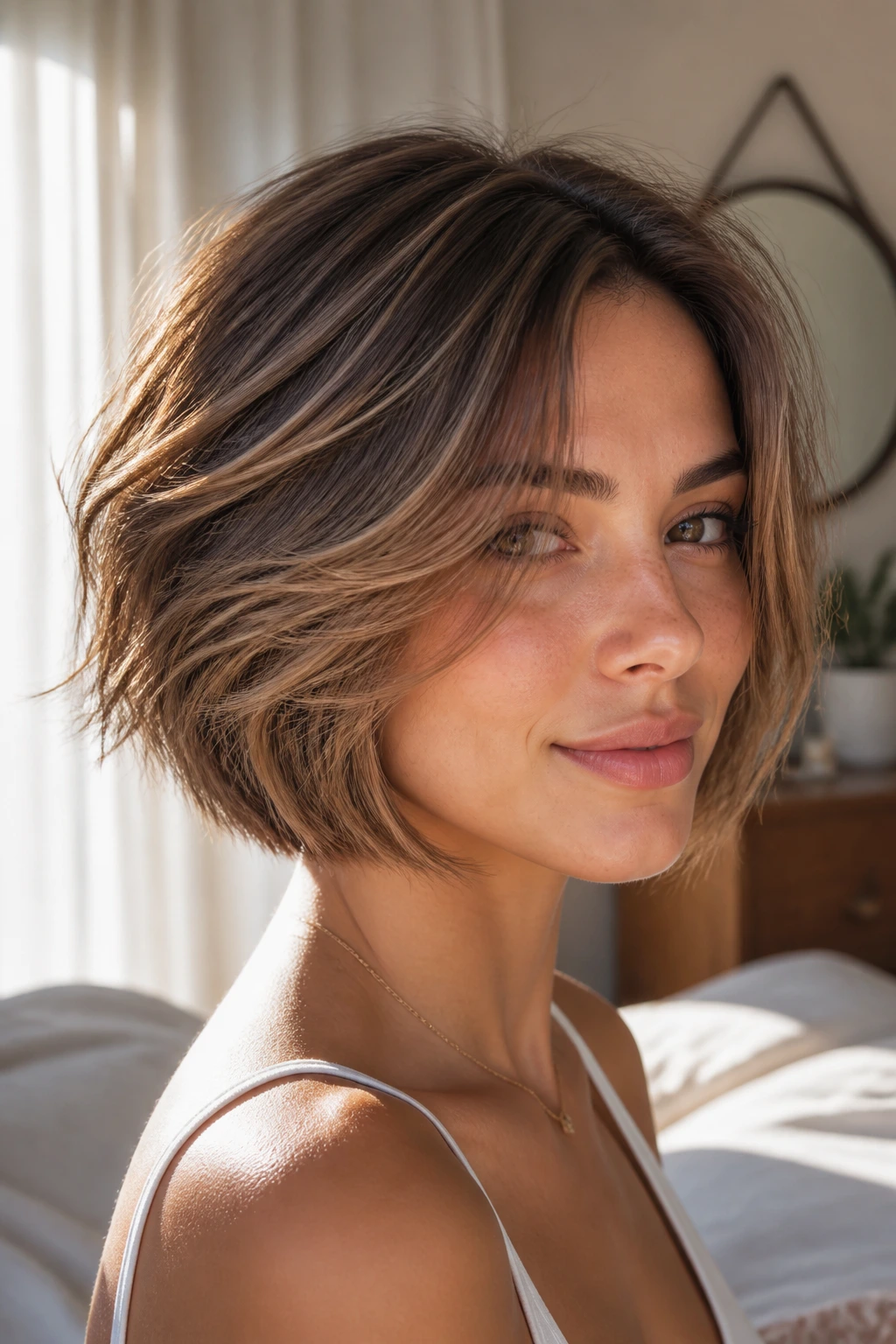 Close-up of soft feathered layered bob on real person in sunlit room.