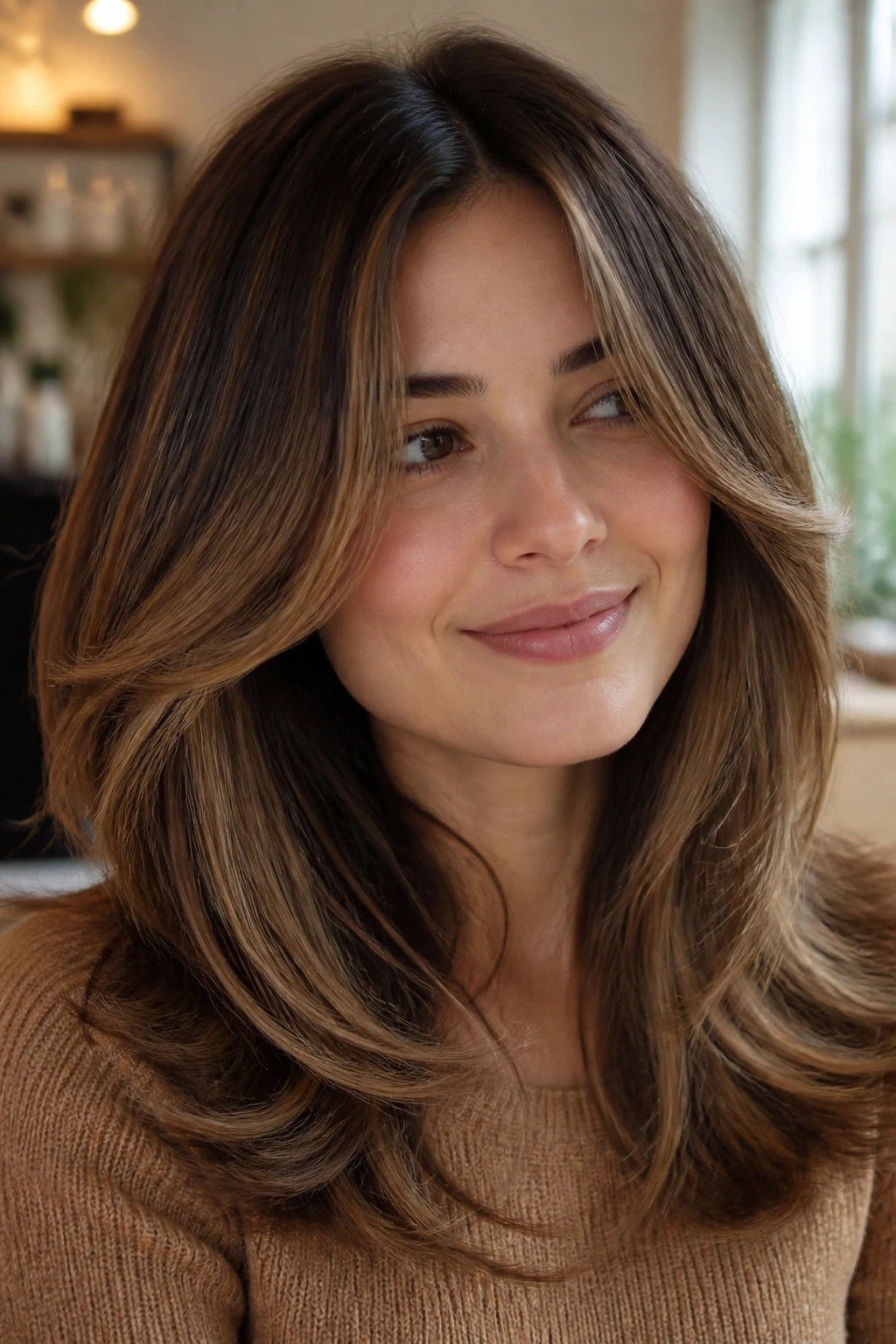 Portrait of a brunette with caramel highlights and feathered face-framing layers