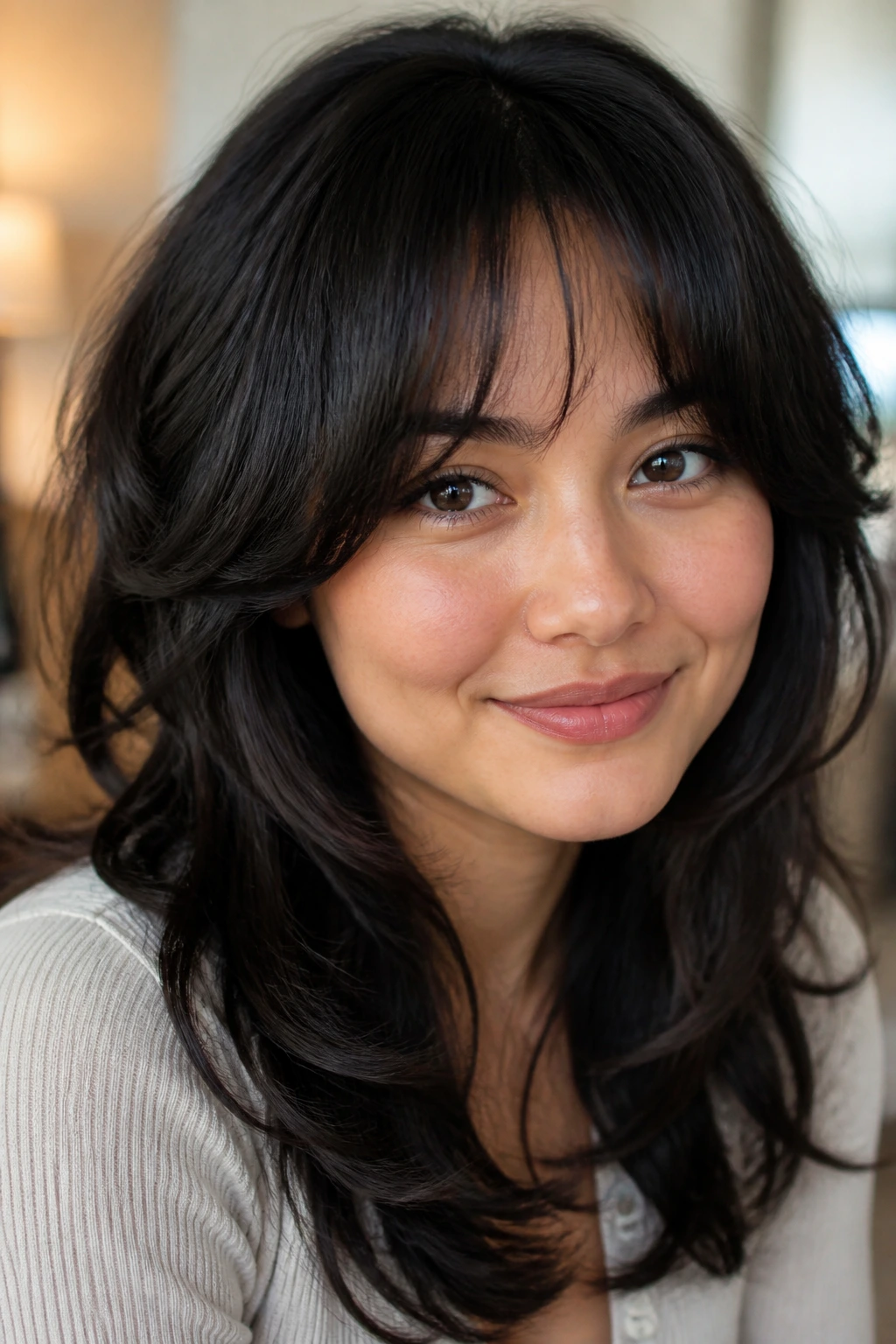 Portrait of a person with feathered layers and soft French bangs in warm light