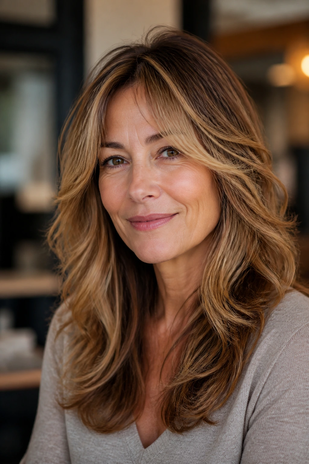 Close-up portrait of a woman with feathered layers and highlights