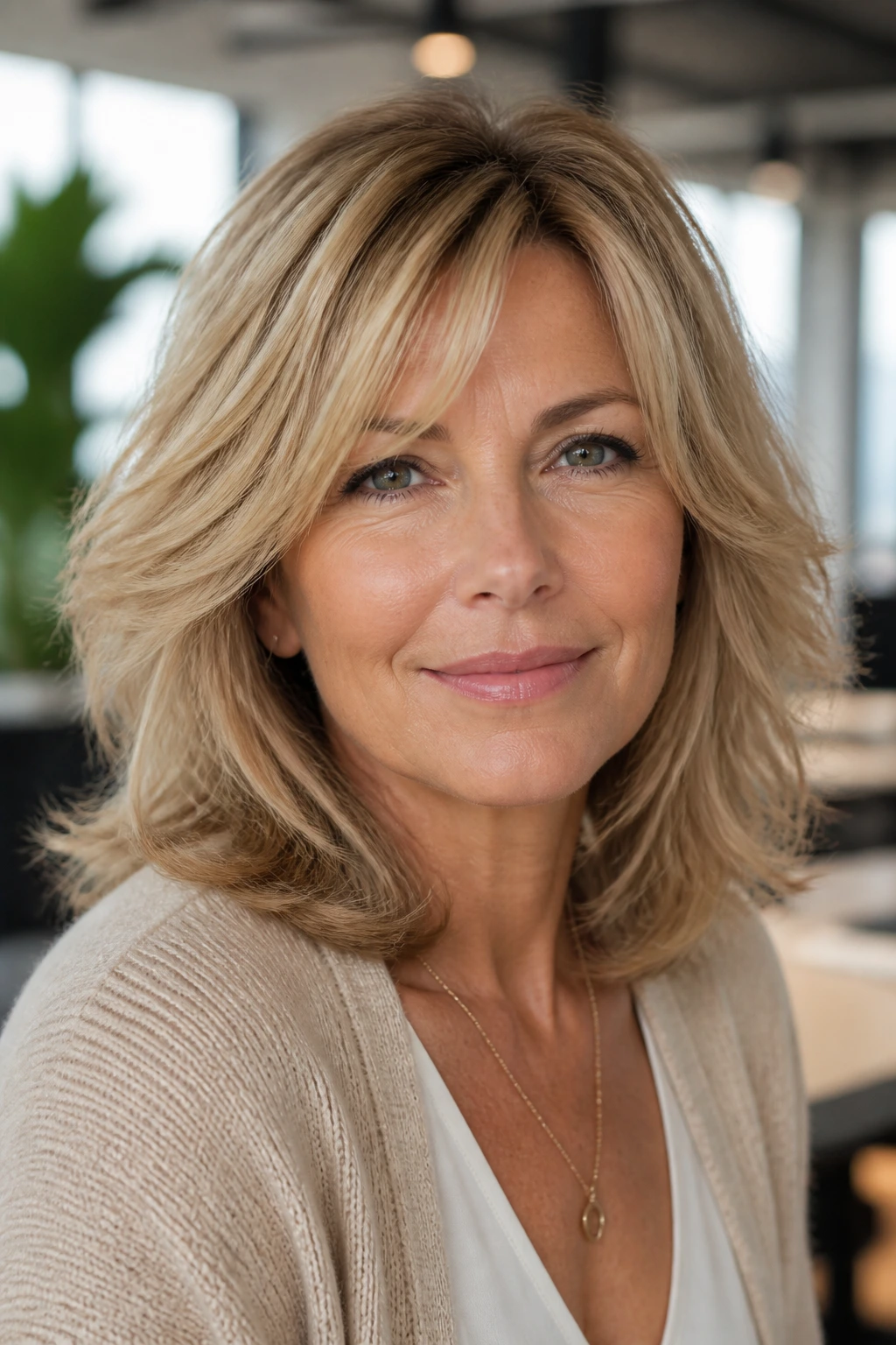 Close-up portrait of a real woman with feathered layers framing her jawline in an office setting.