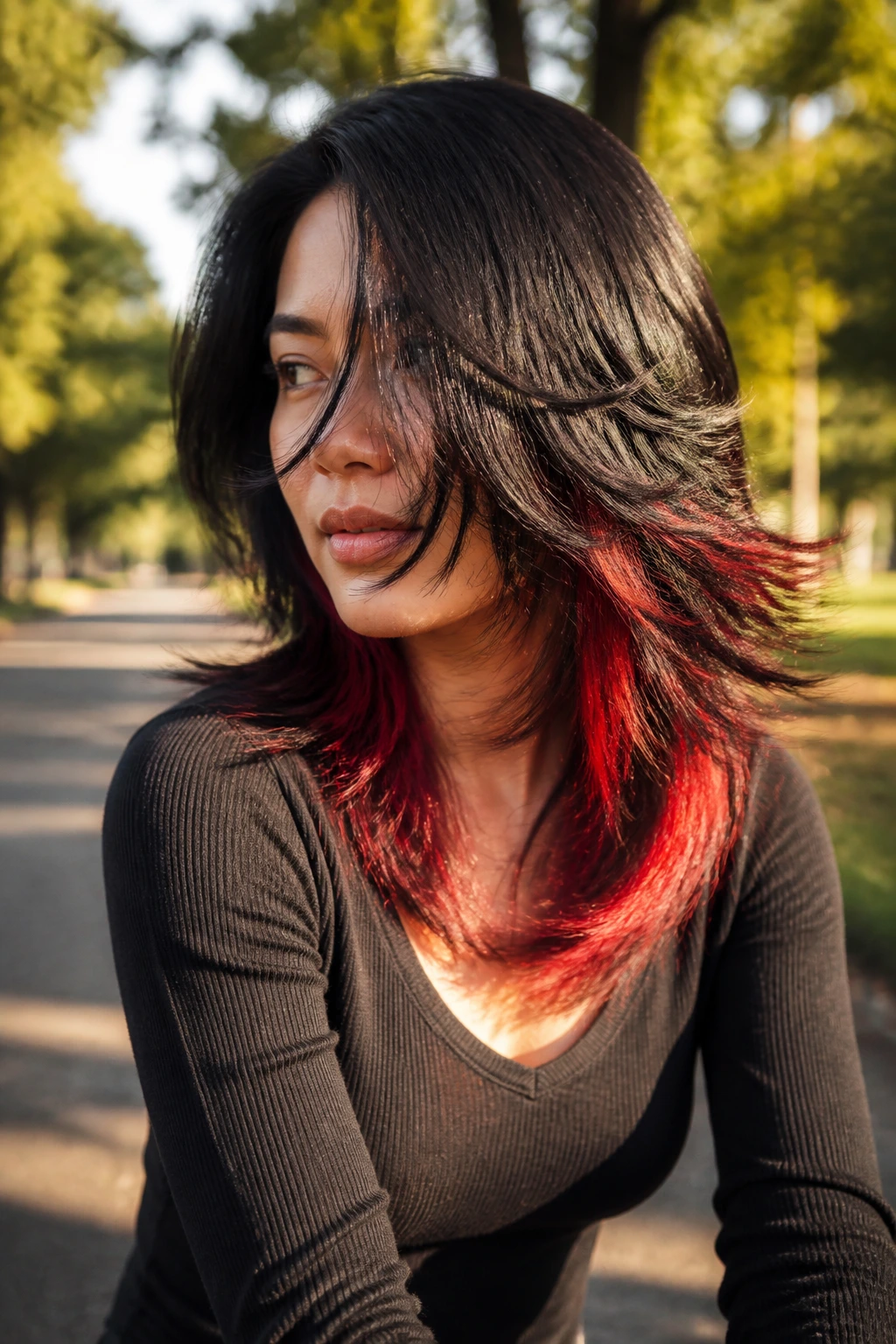 Close-up of a woman with feathered layered hair showing red underlayers in sunlight.