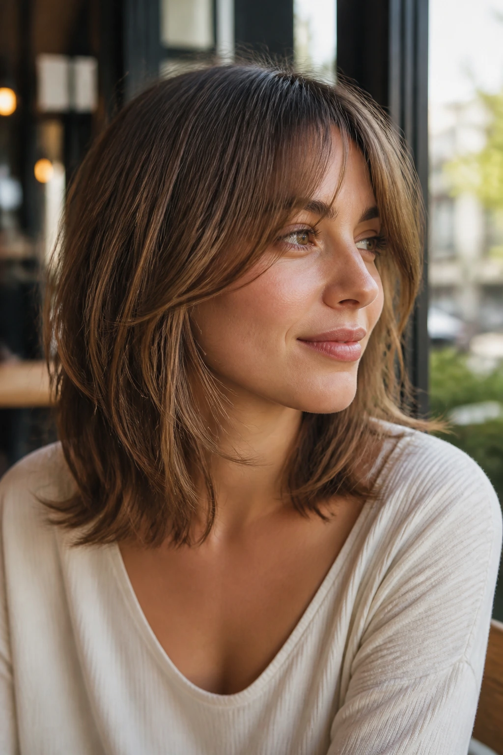 Close-up portrait of a real woman with feathered lob and curtain bangs in natural cafe light.