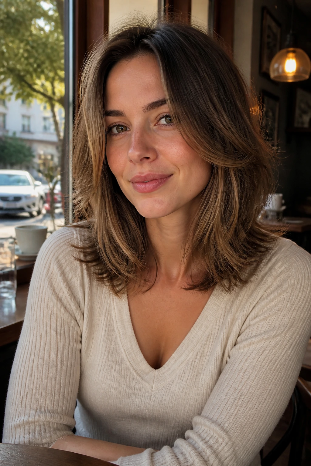 Close-up portrait of a real woman with a long feathered lob long bob hairstyle in warm cafe light