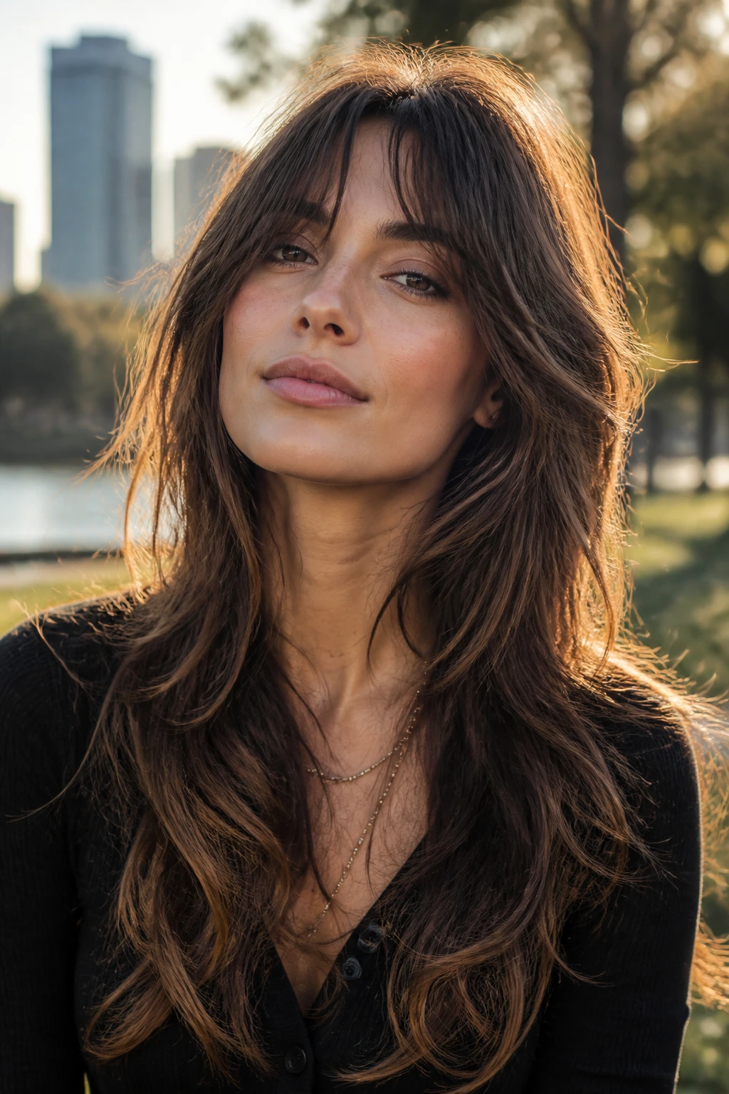 Real woman with feathered long layers and choppy bangs outdoors at golden hour