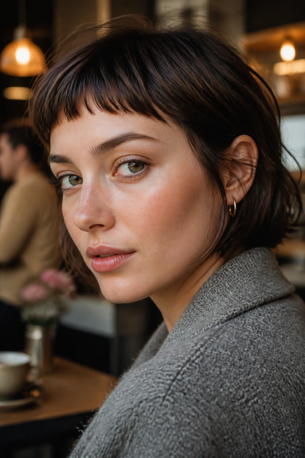 Real woman with feathered micro bangs above the brows in warm cafe light.