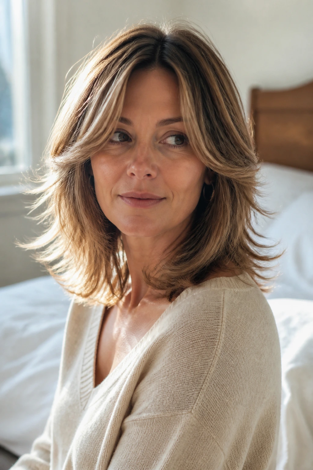 Close-up portrait of a real woman with a feathered midi cut under natural light.