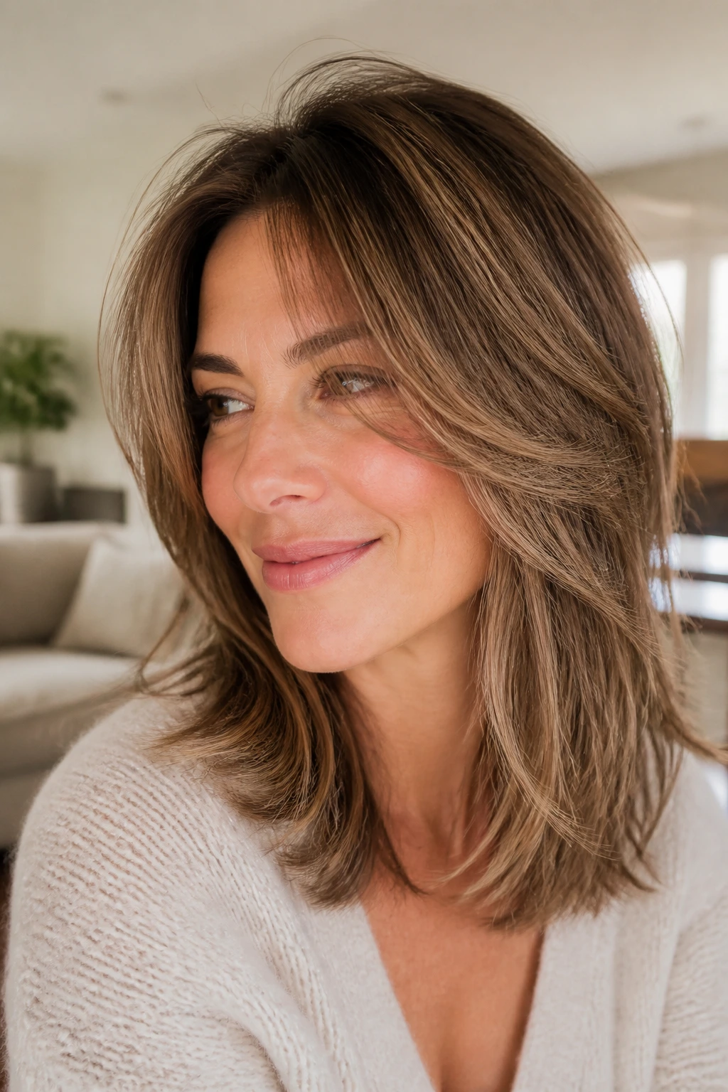 Close-up of a real woman with a feathered midi cut and face-framing tendrils.