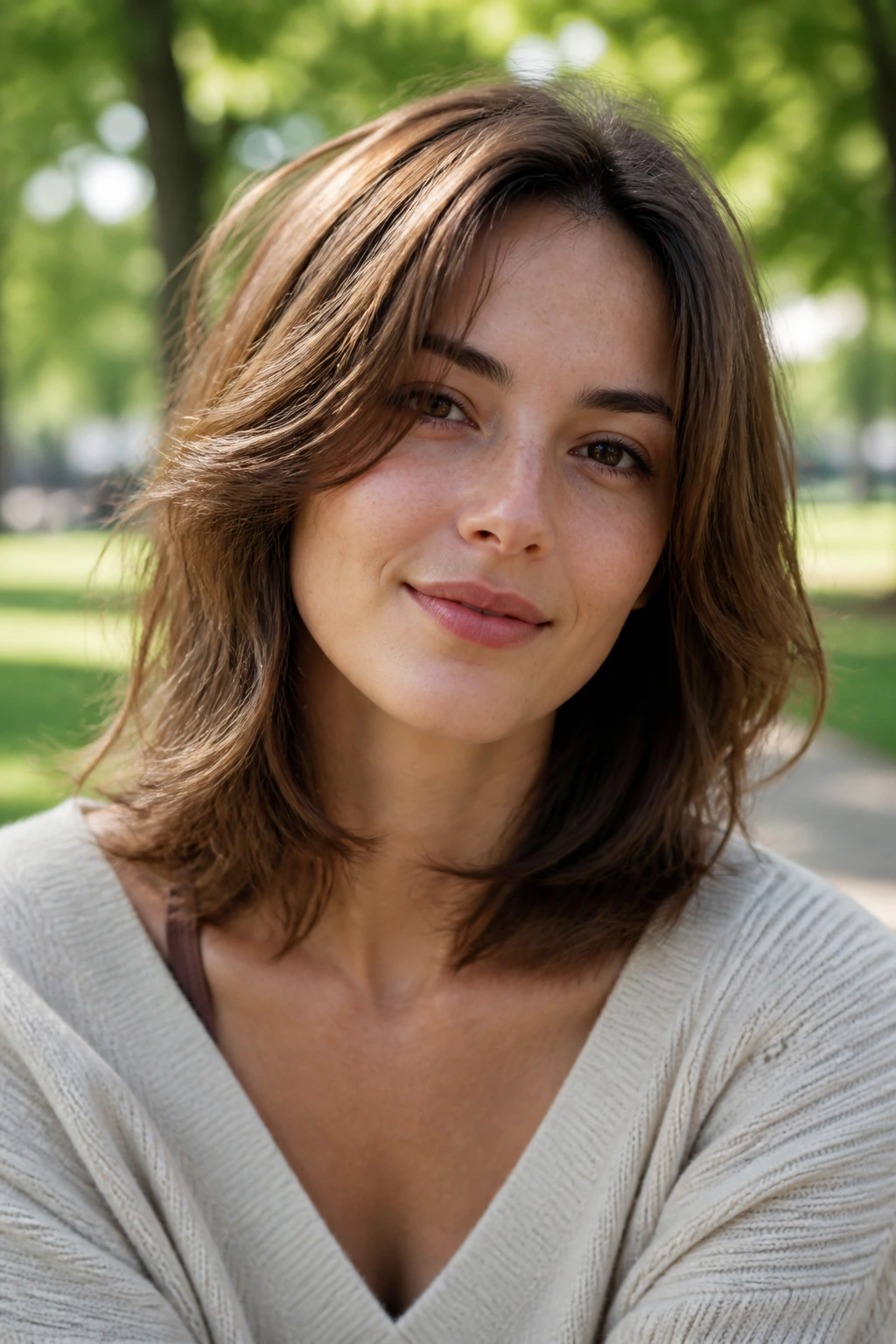 Close-up of feathered midi with tapered ends on a real person in a park setting