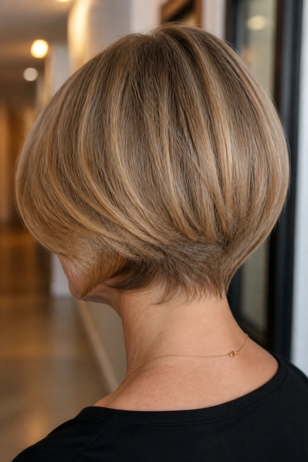 Back-of-head view of a woman with a feathered nape bob.