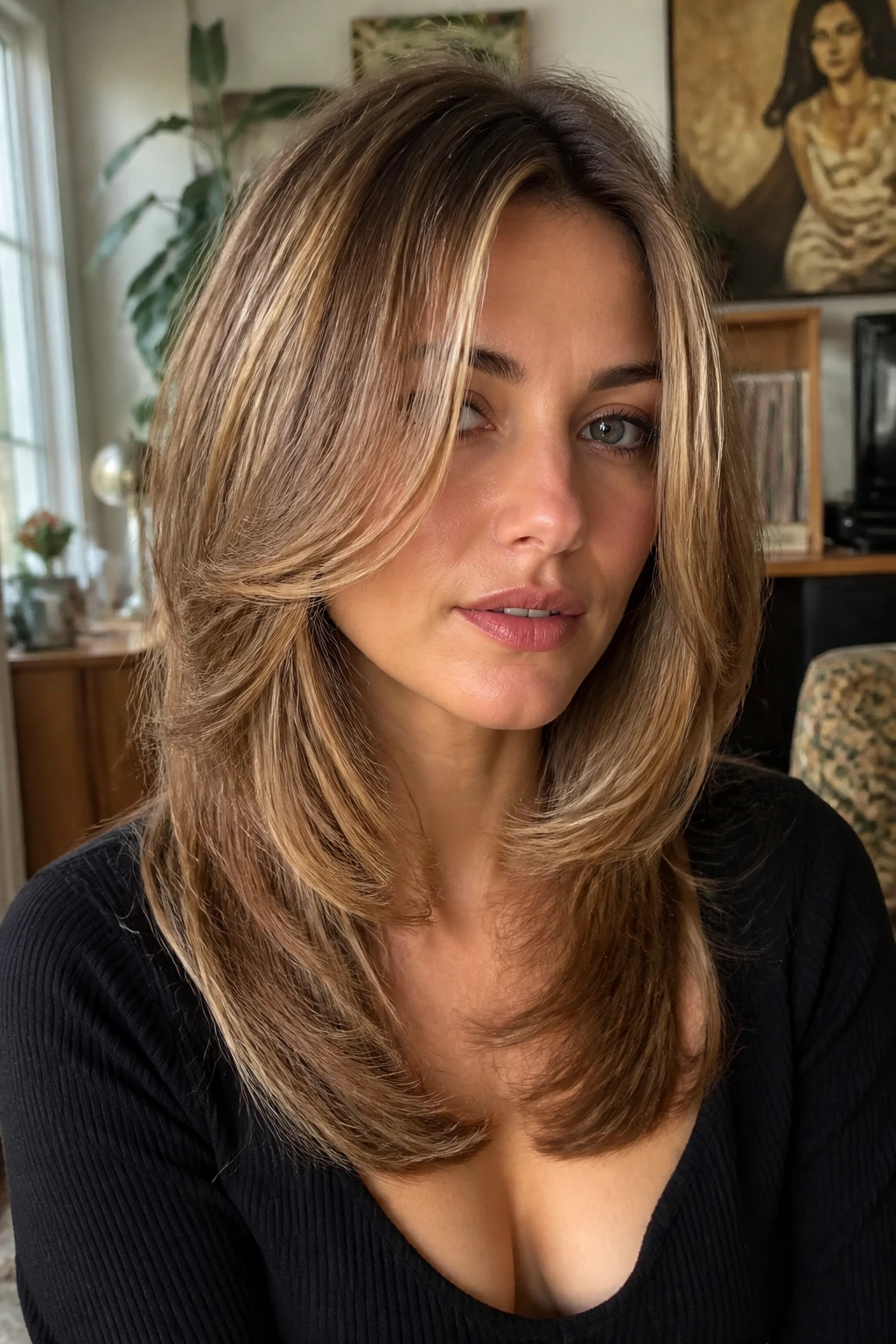 Portrait of real person with feathered Rachel cut framing the face