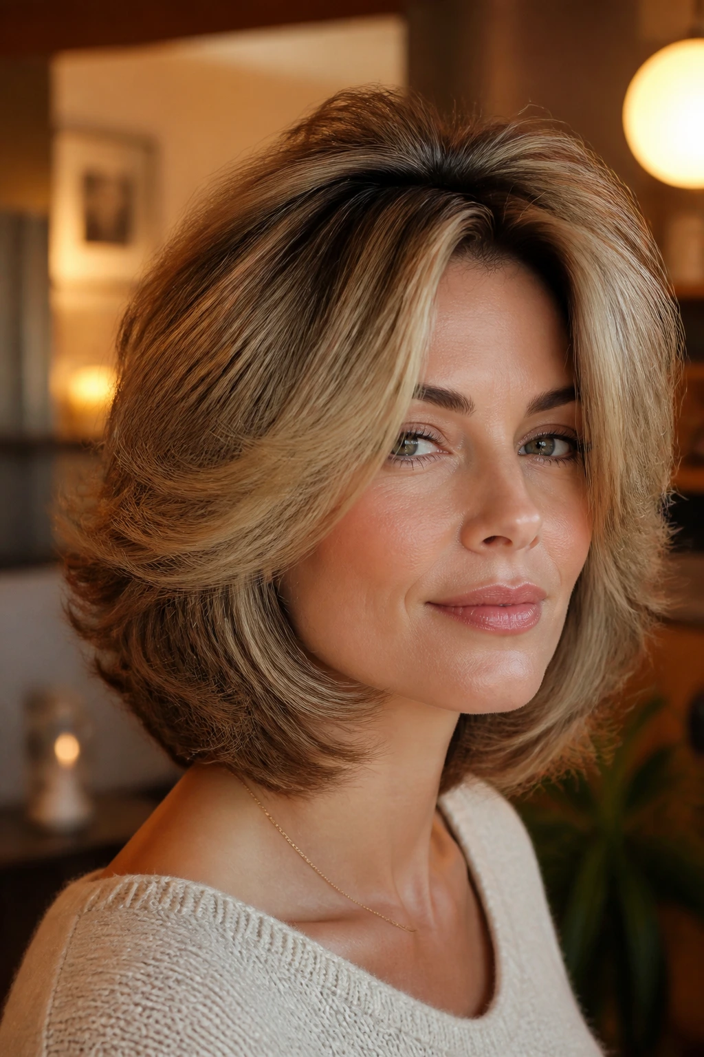 Real person wearing feathered Rachel cut with outward layers and retro volume.