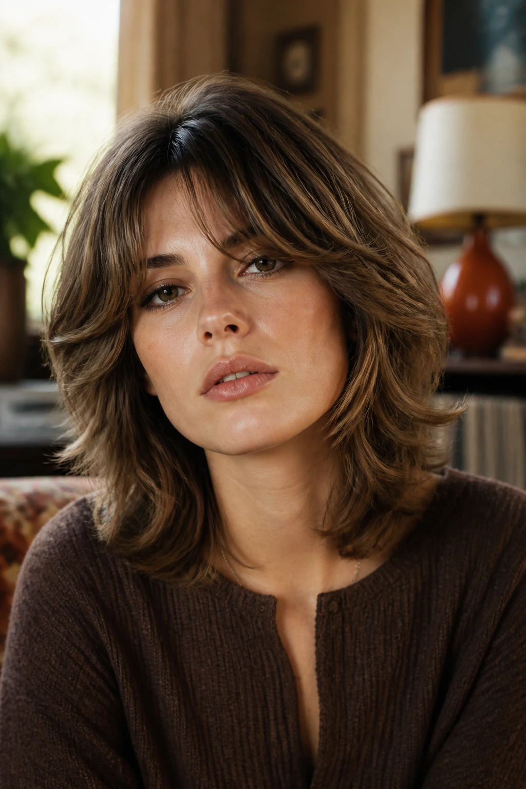 Close-up portrait of a woman with classic 70s feathered shag hairstyle in retro setting