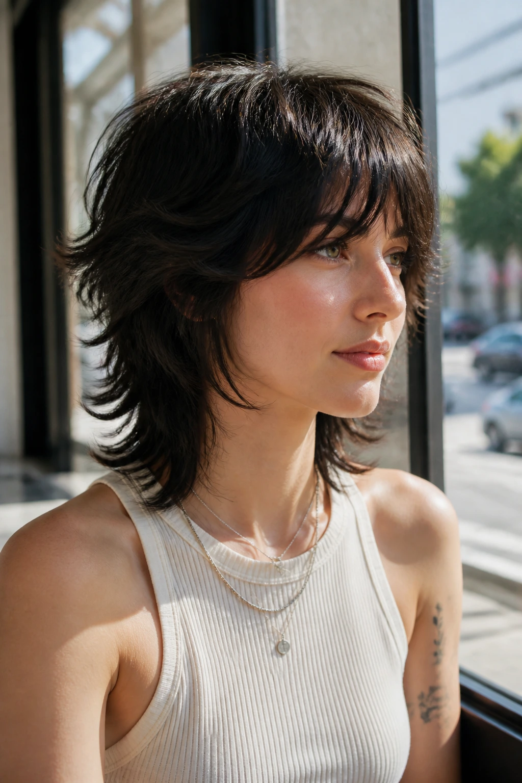 Three-quarter profile of a real woman with feathered back shag, hair swept away from face.