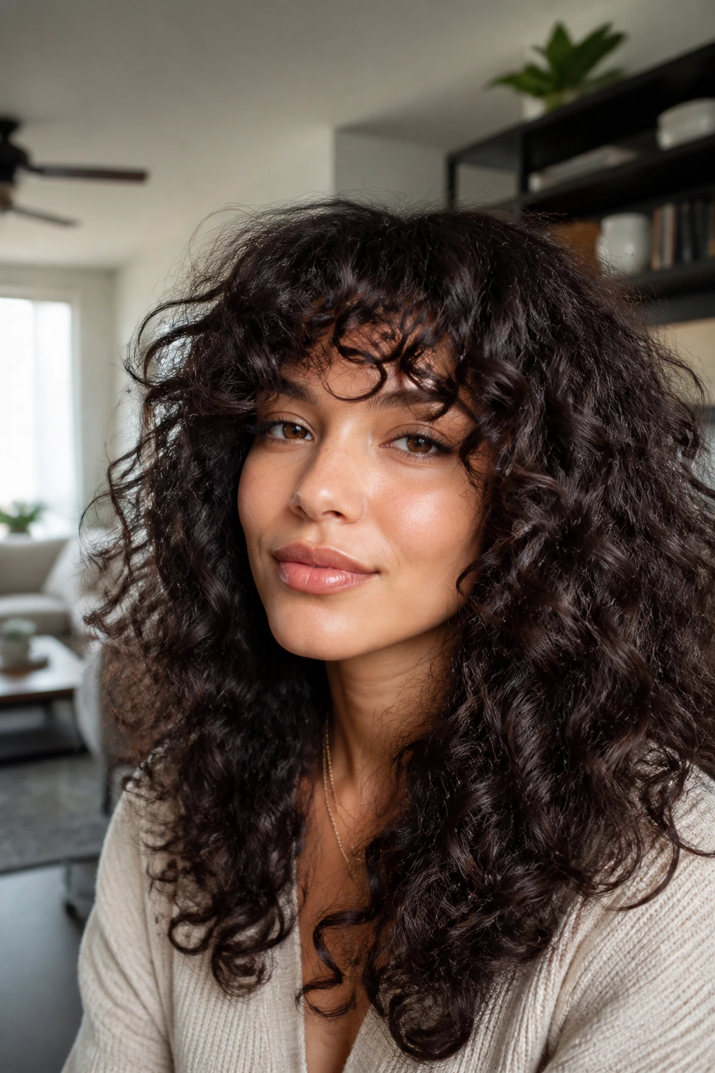 Close-up of a feathered shag fringe on a real person with curls.