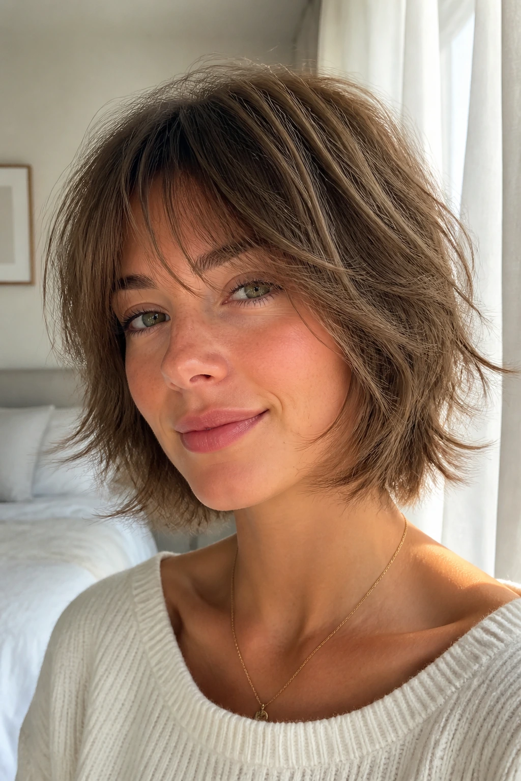 Close-up of a real woman with feathered shaggy bob and soft layers.