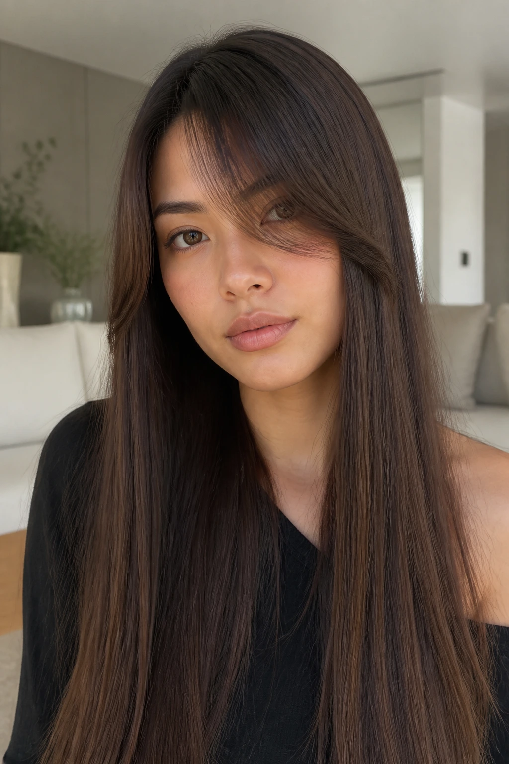 Portrait of a person with sleek one-length hair and feathered side bangs