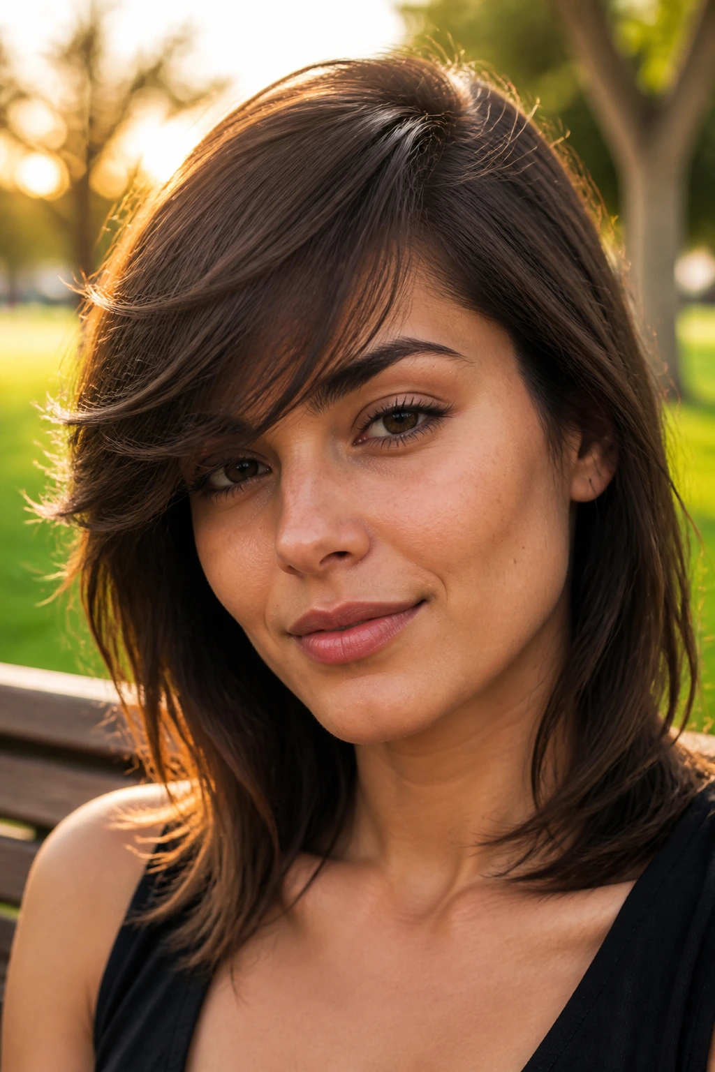 Person with feathered side-swept bangs outdoors at golden hour