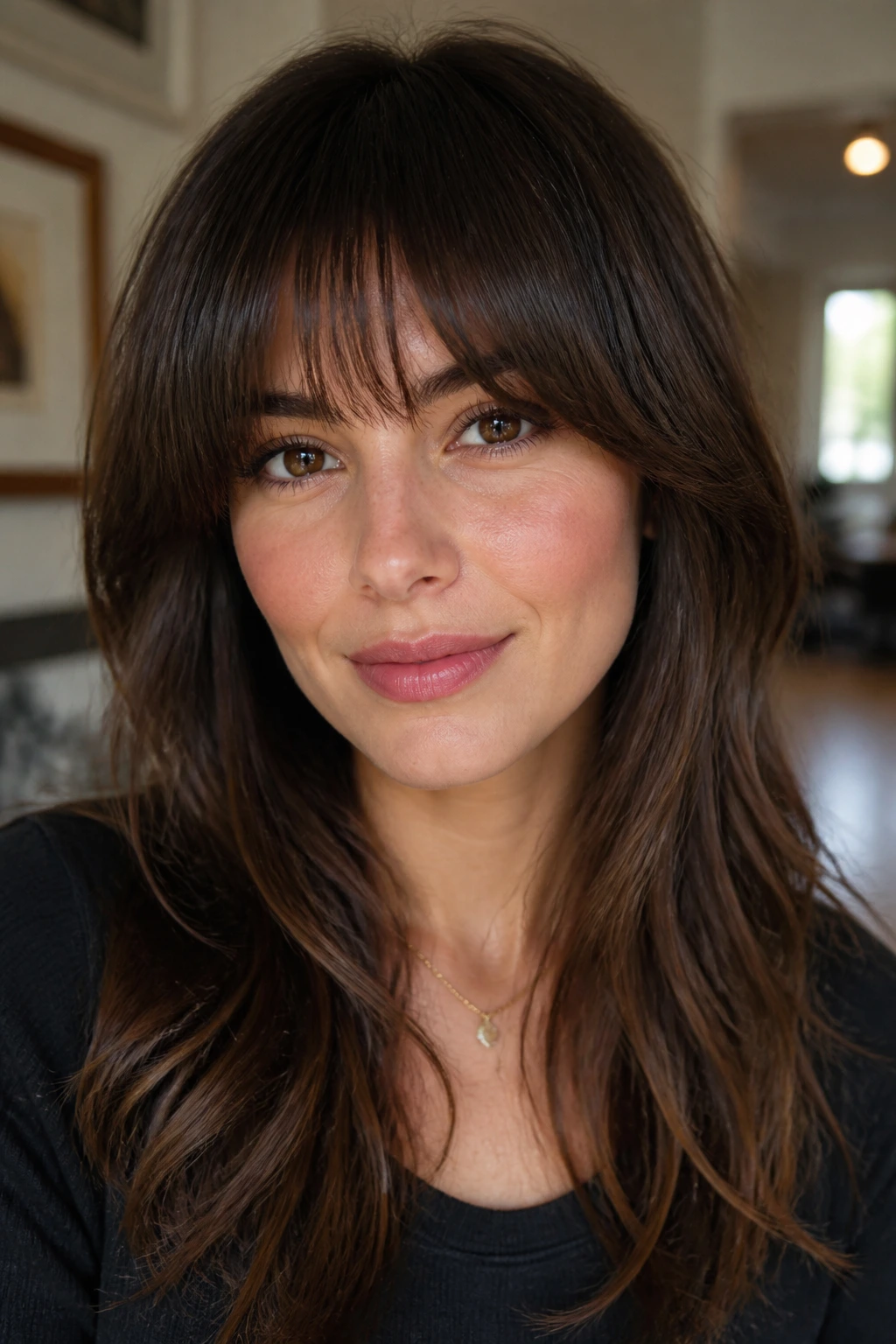 Close-up of a real woman with a feathered soft-arch fringe