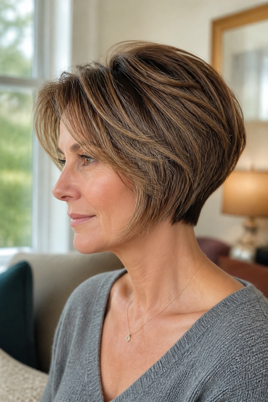 Portrait of a woman with feathered stacked bob showing feathered layers