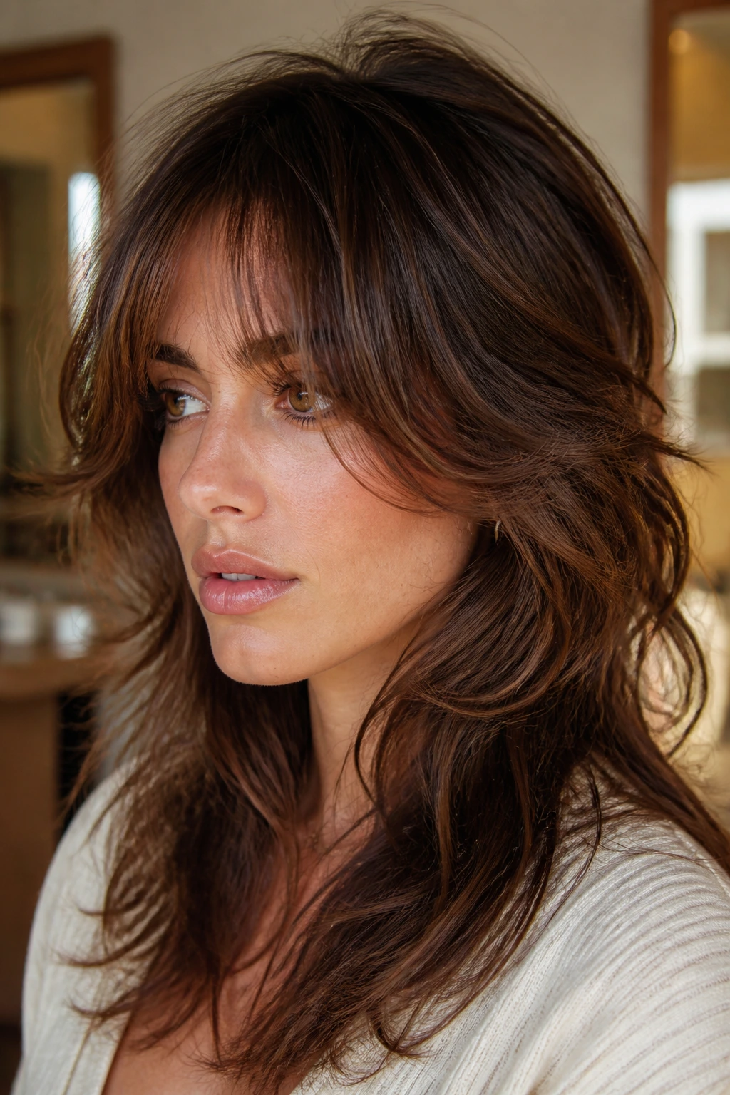 Real person with feathered, triangle-shaped bangs framing the face under soft lighting