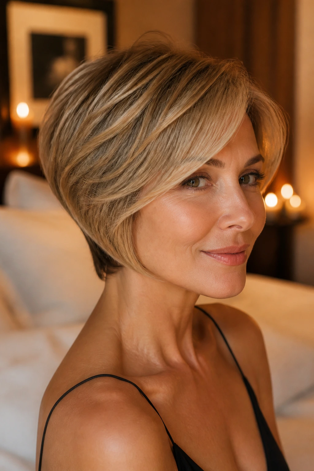Close-up of a woman with softly tapered feathered wedge hairstyle in warm candlelight