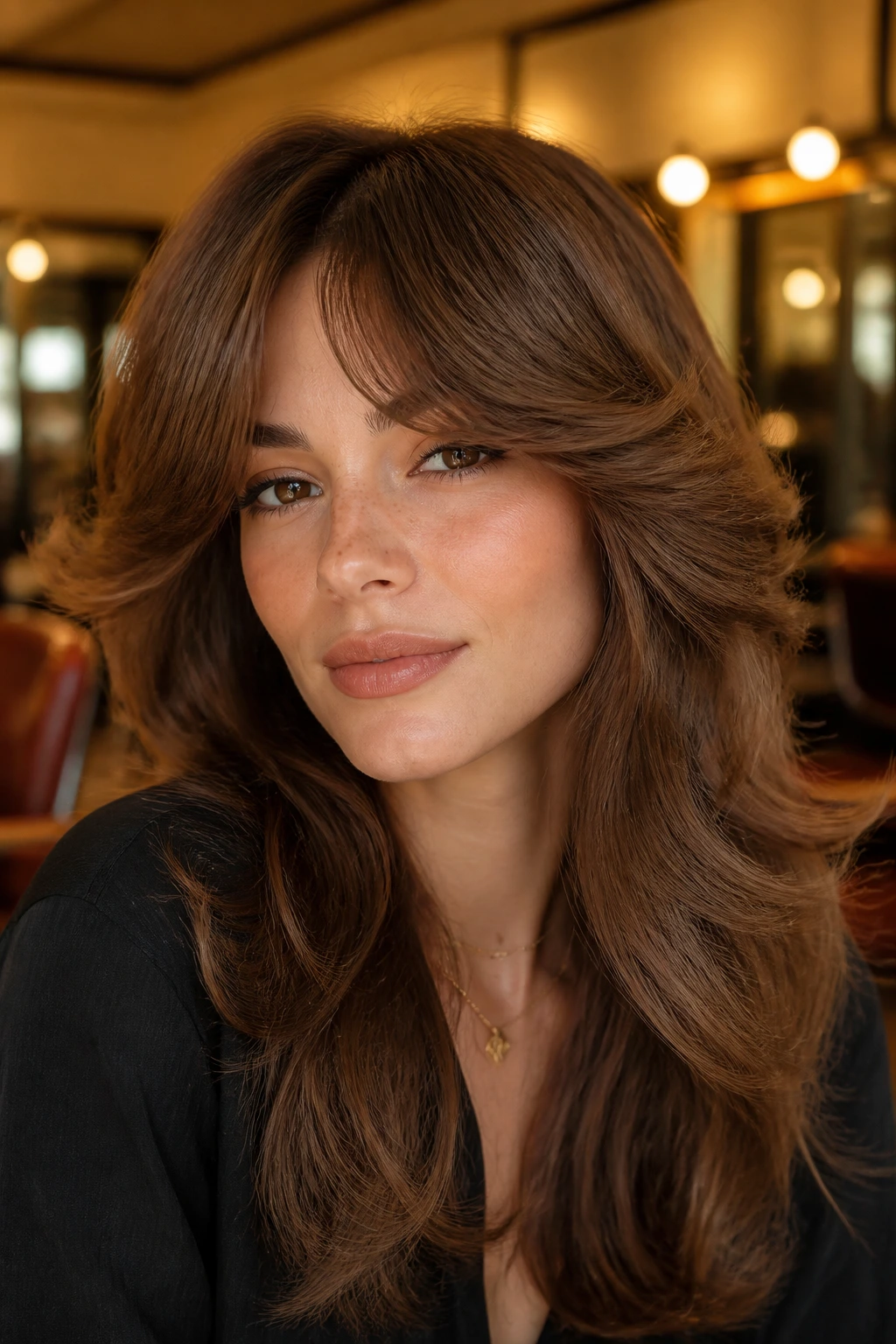 Close-up of a real woman with feathered winged bangs in a retro salon setting