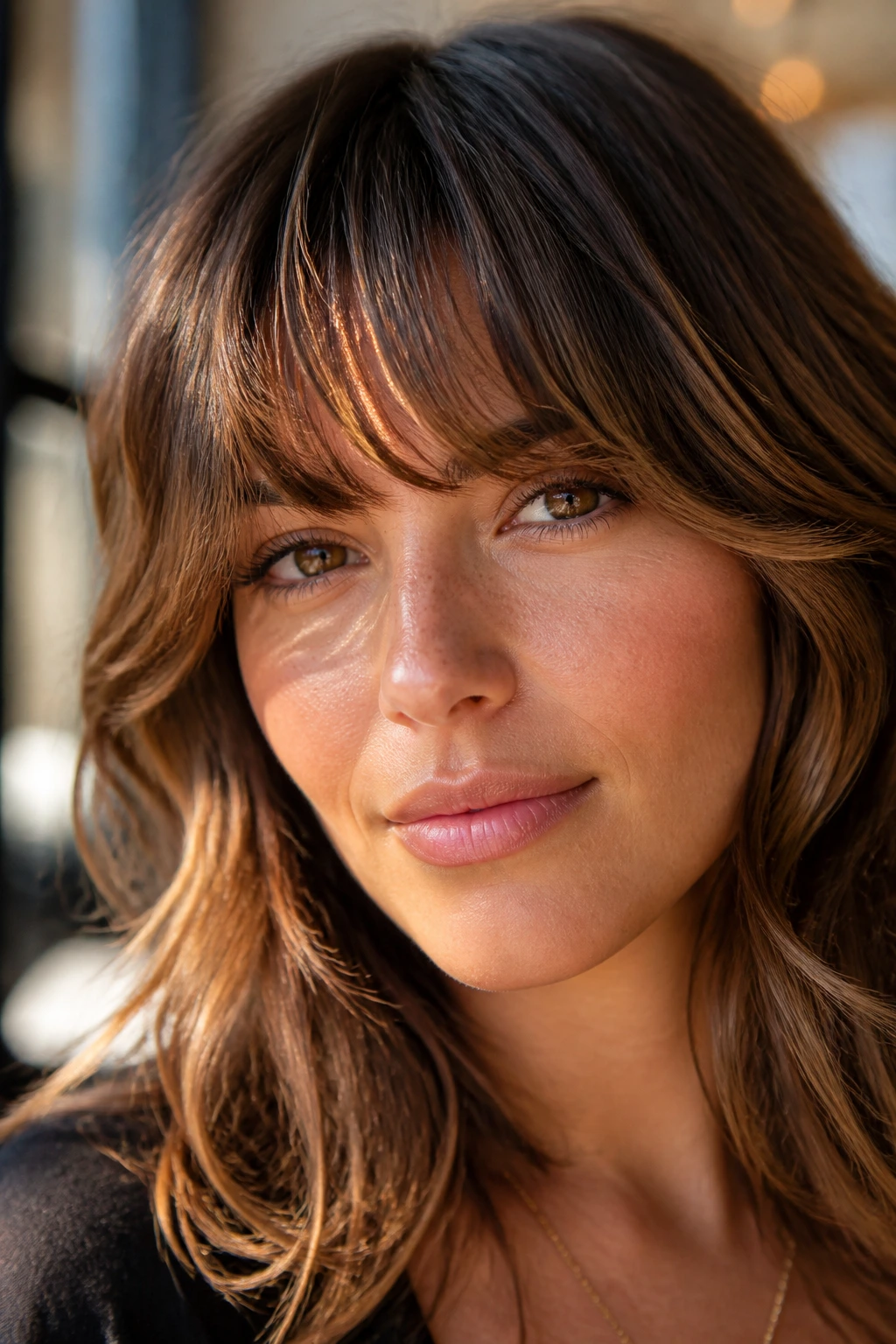 Close-up of Feathery Shaggy Bangs with Bronze Babylights on a real person