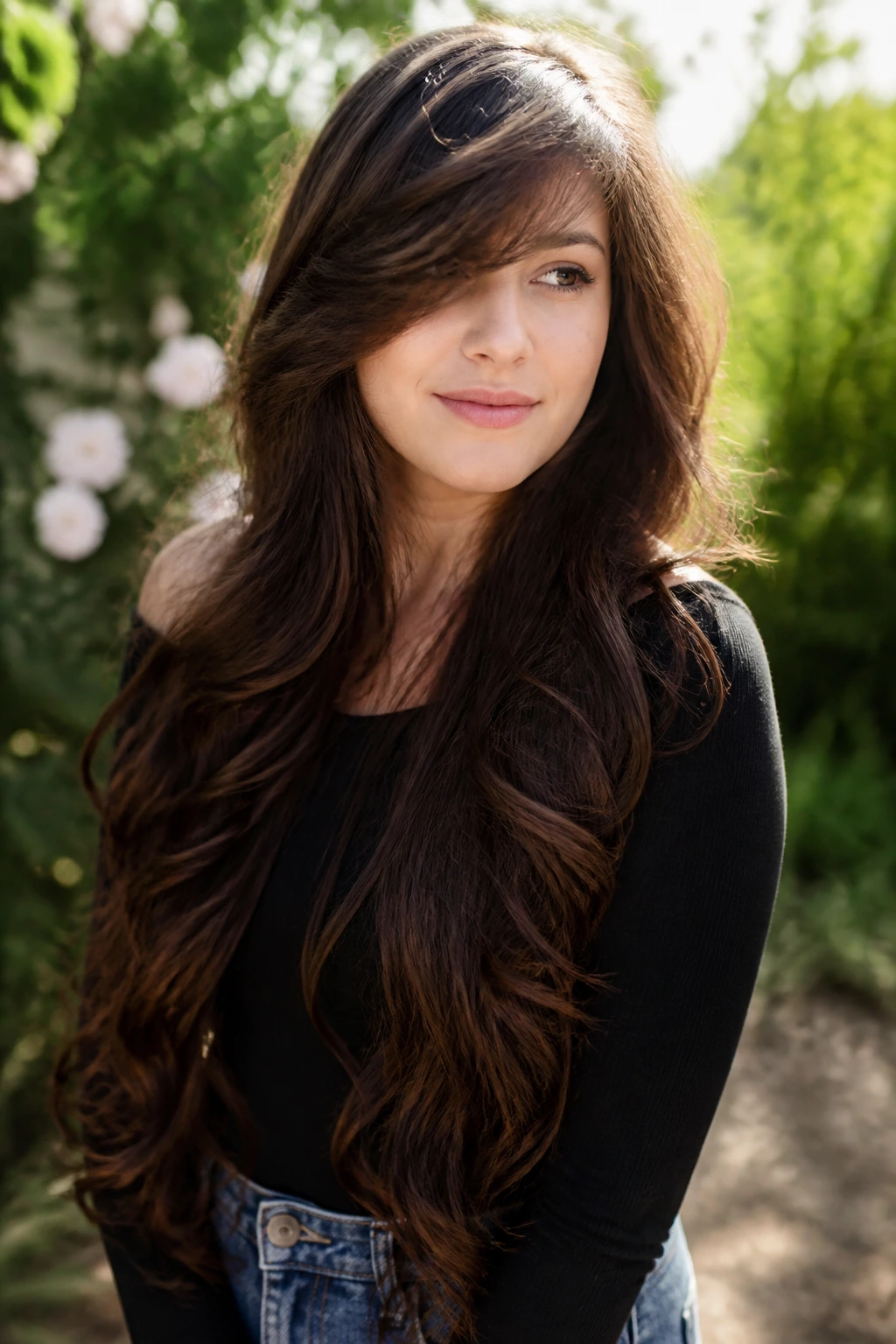 Close-up portrait of a woman with feathery side swept bangs and cascading curls in daylight