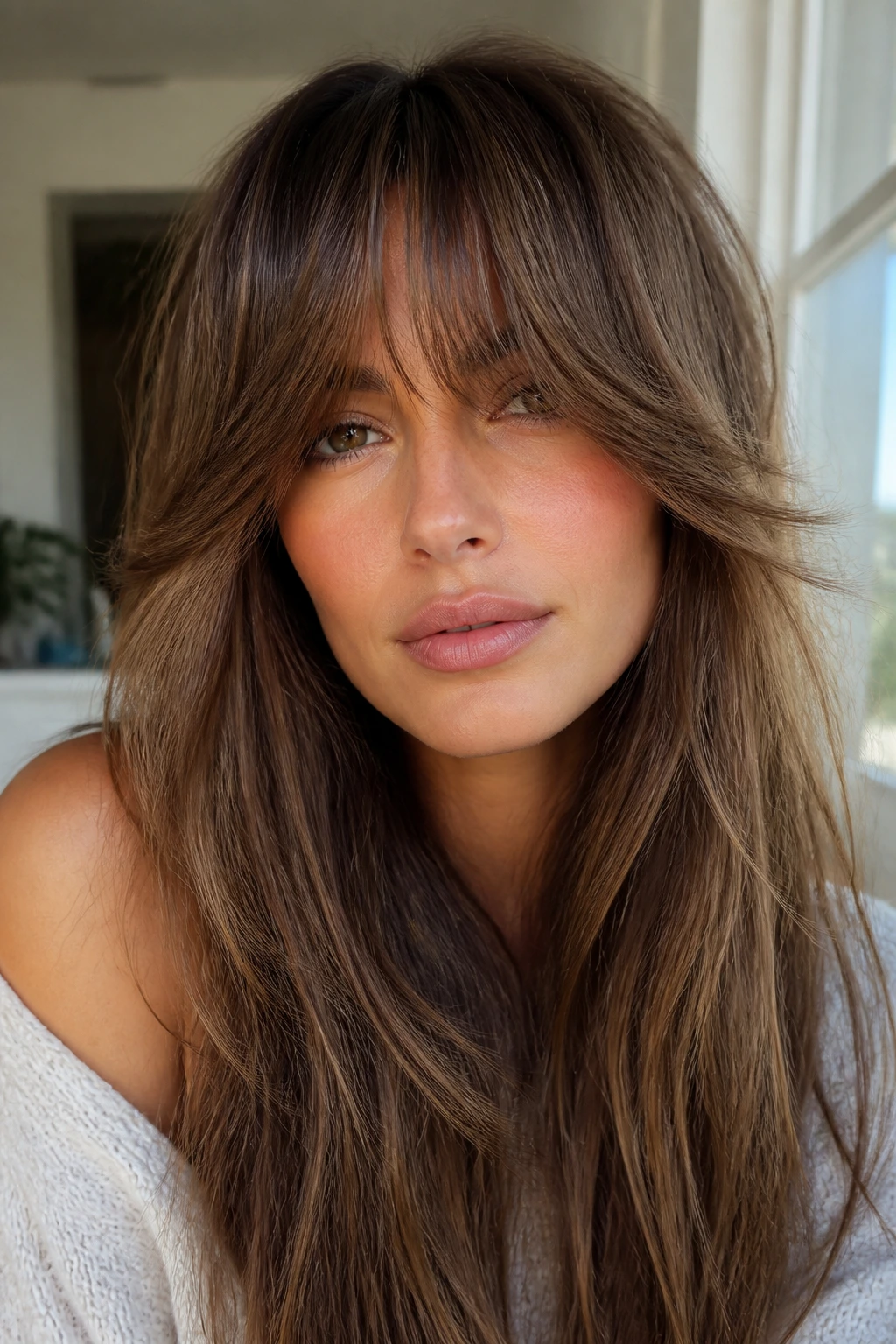 Close-up of a real woman with feathered, face-framing heavy bangs in a softly lit room