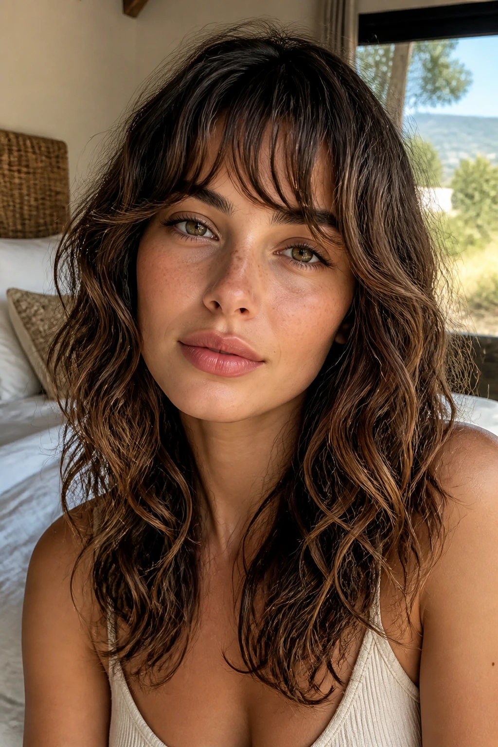 Close-up of a woman with feathery French-style waves bangs in sunlit bedroom
