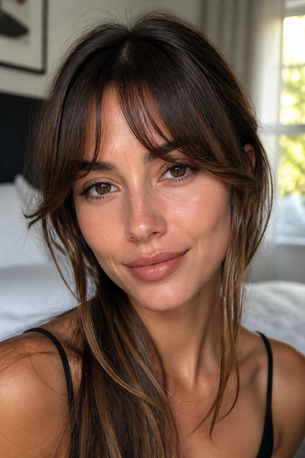 Close-up portrait of a real woman with feathery arching bangs and face-framing tendrils in warm natural bedroom light
