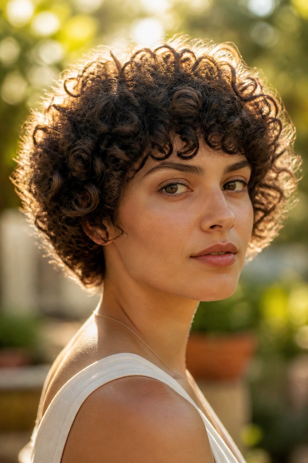 Real person with soft tapered halo and feathery curls in warm outdoor light