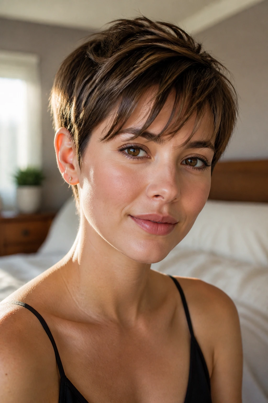 Close-up of real woman with feathery wispy pixie fringe in warm bedroom light