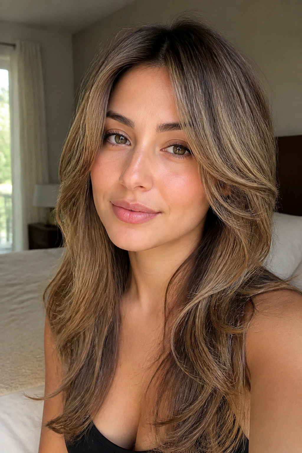 Portrait of a woman with feathery face-framing layers in sunlight