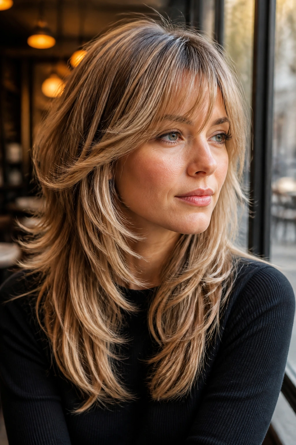Close-up of a woman with feathery Rachel cut and wispy sweeping bangs in cafe window light