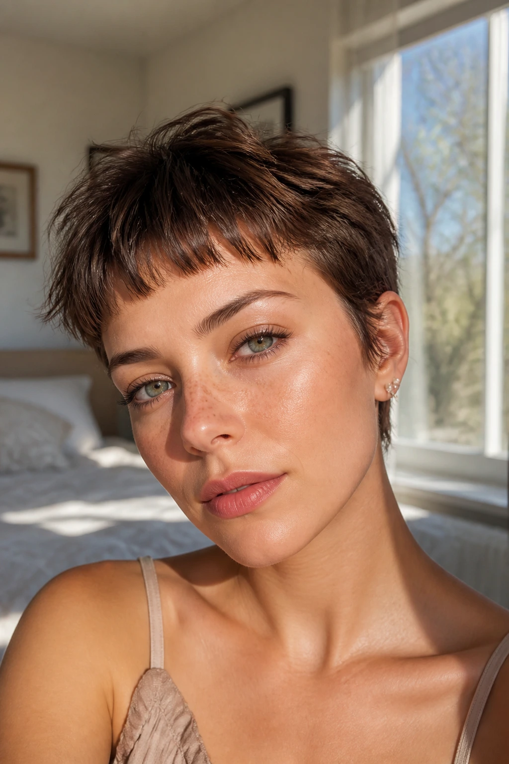 Close-up of real person with feathery pixie bangs and soft eyes