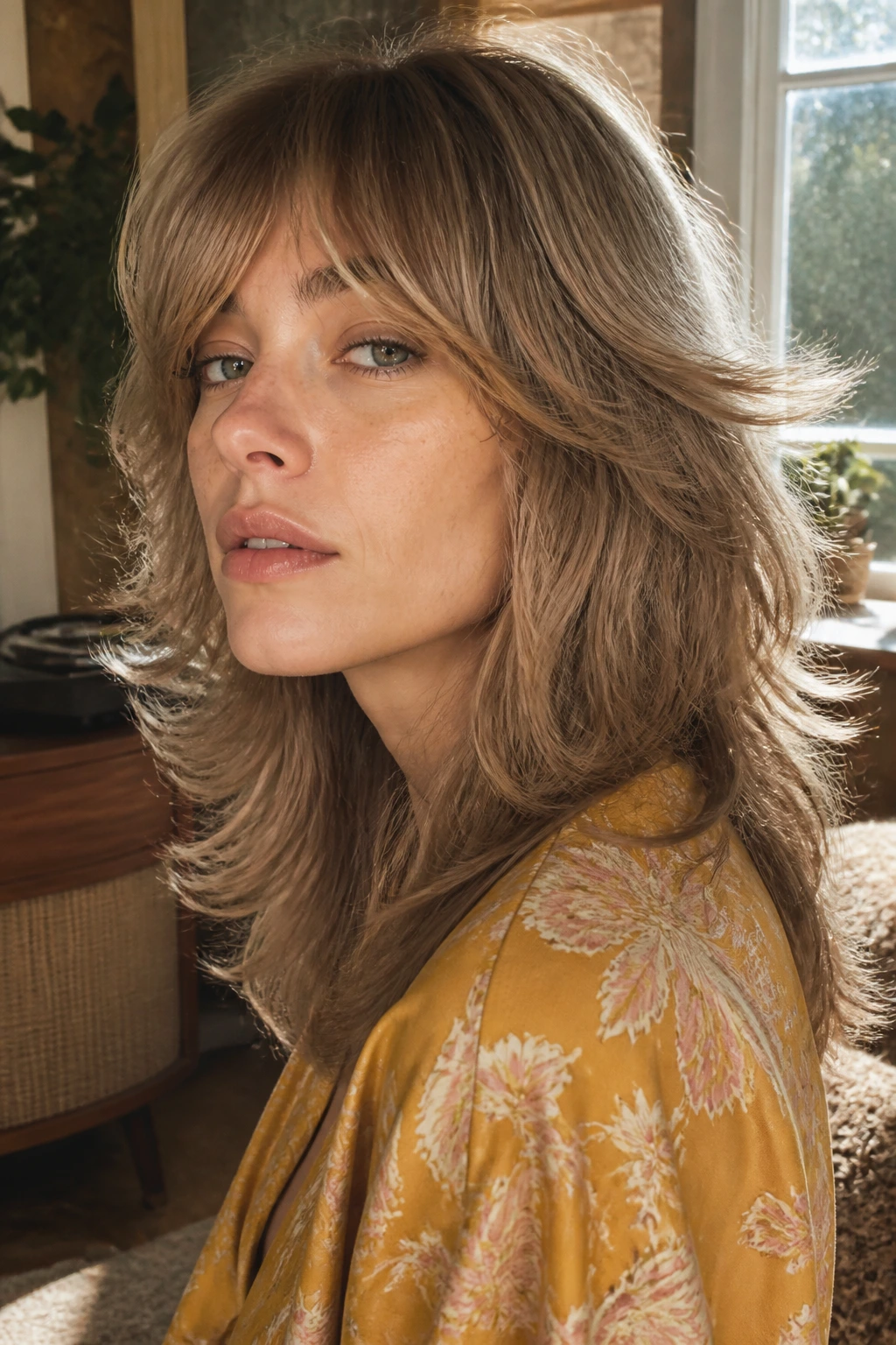 Close-up of real woman with feathery 70s shag fringe
