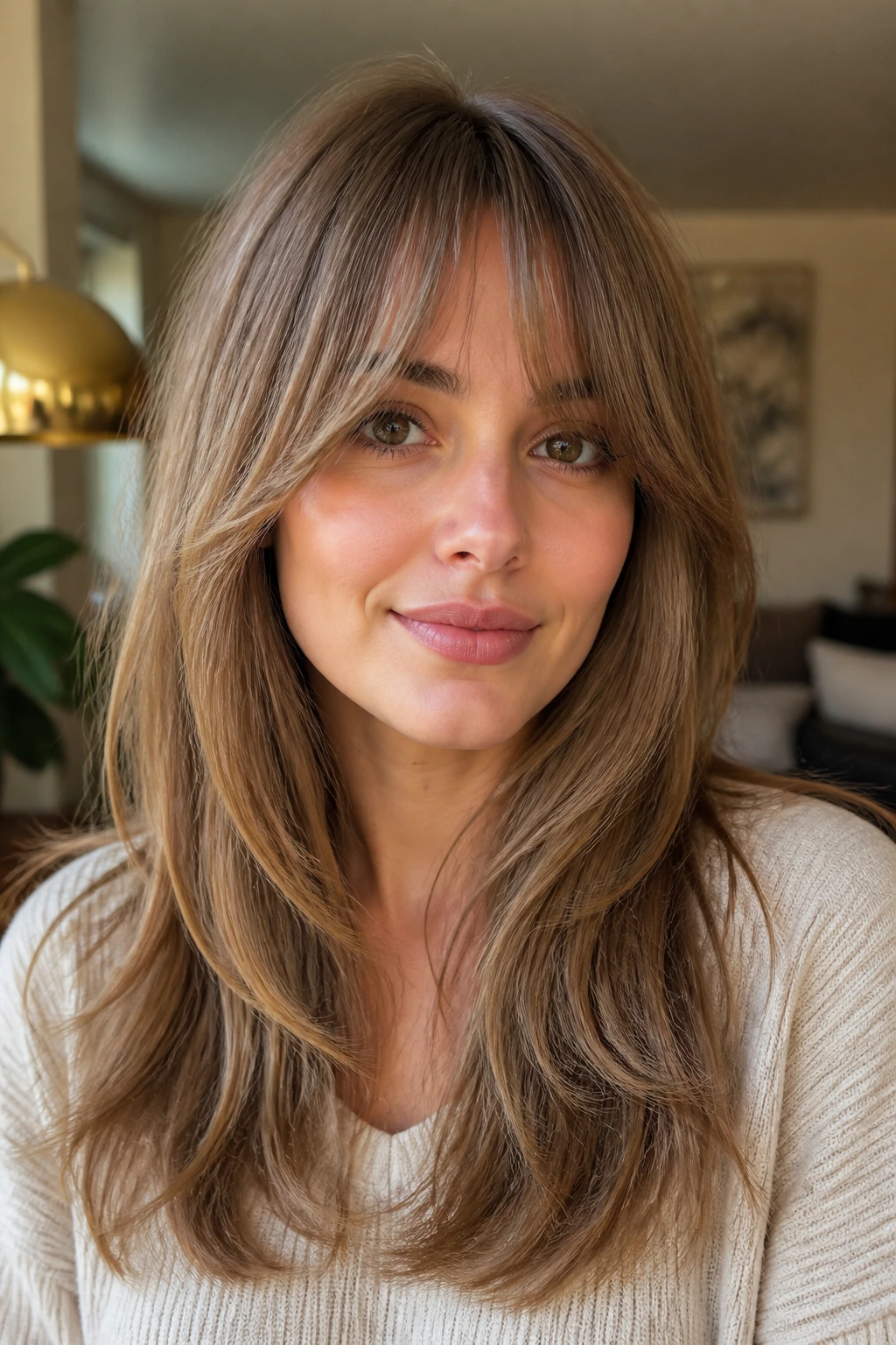 Close-up of feathery split bangs and long slide layers on a real woman.