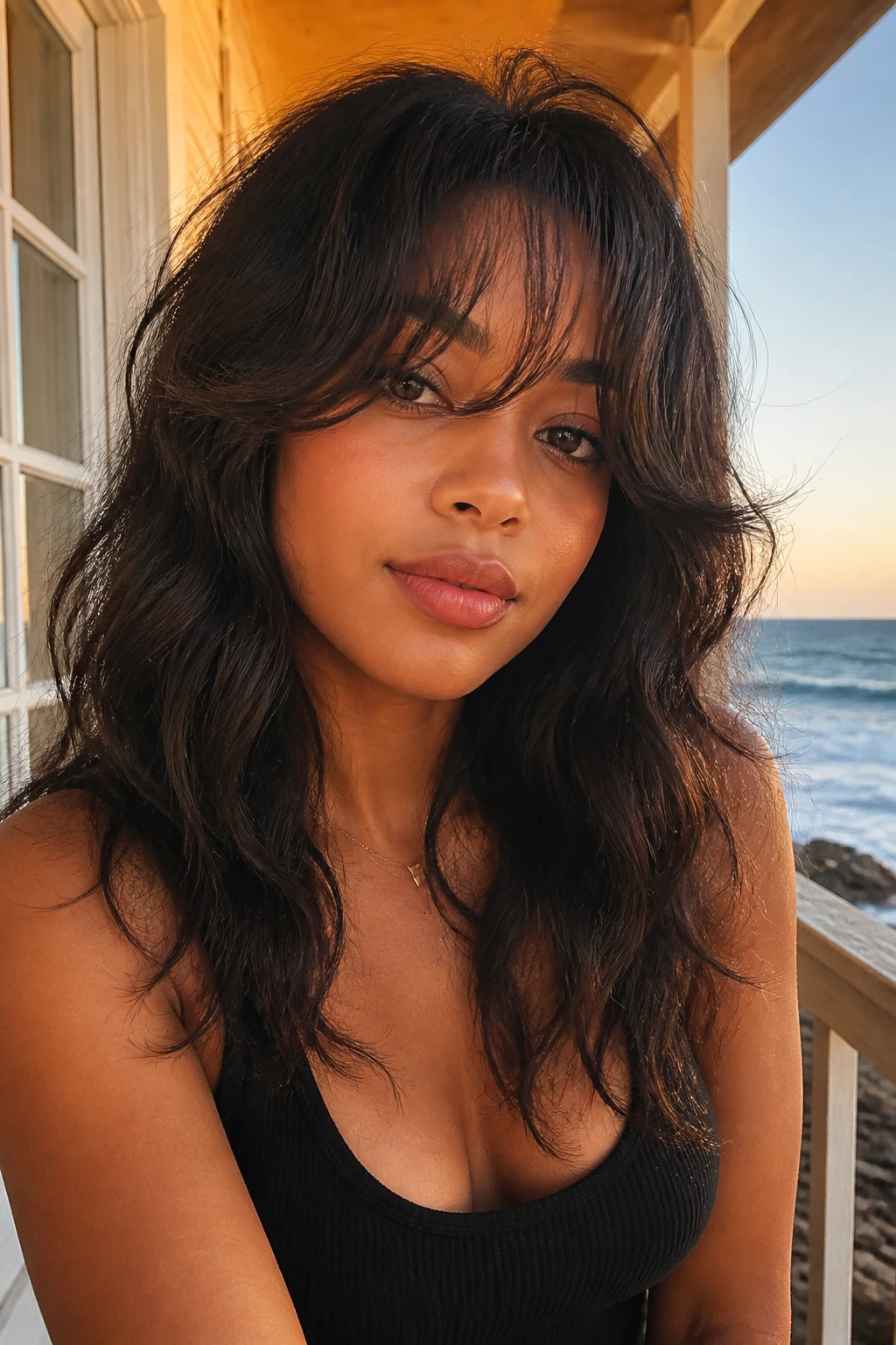 Close-up of a real woman with feathery wave-framing bangs blending into soft waves