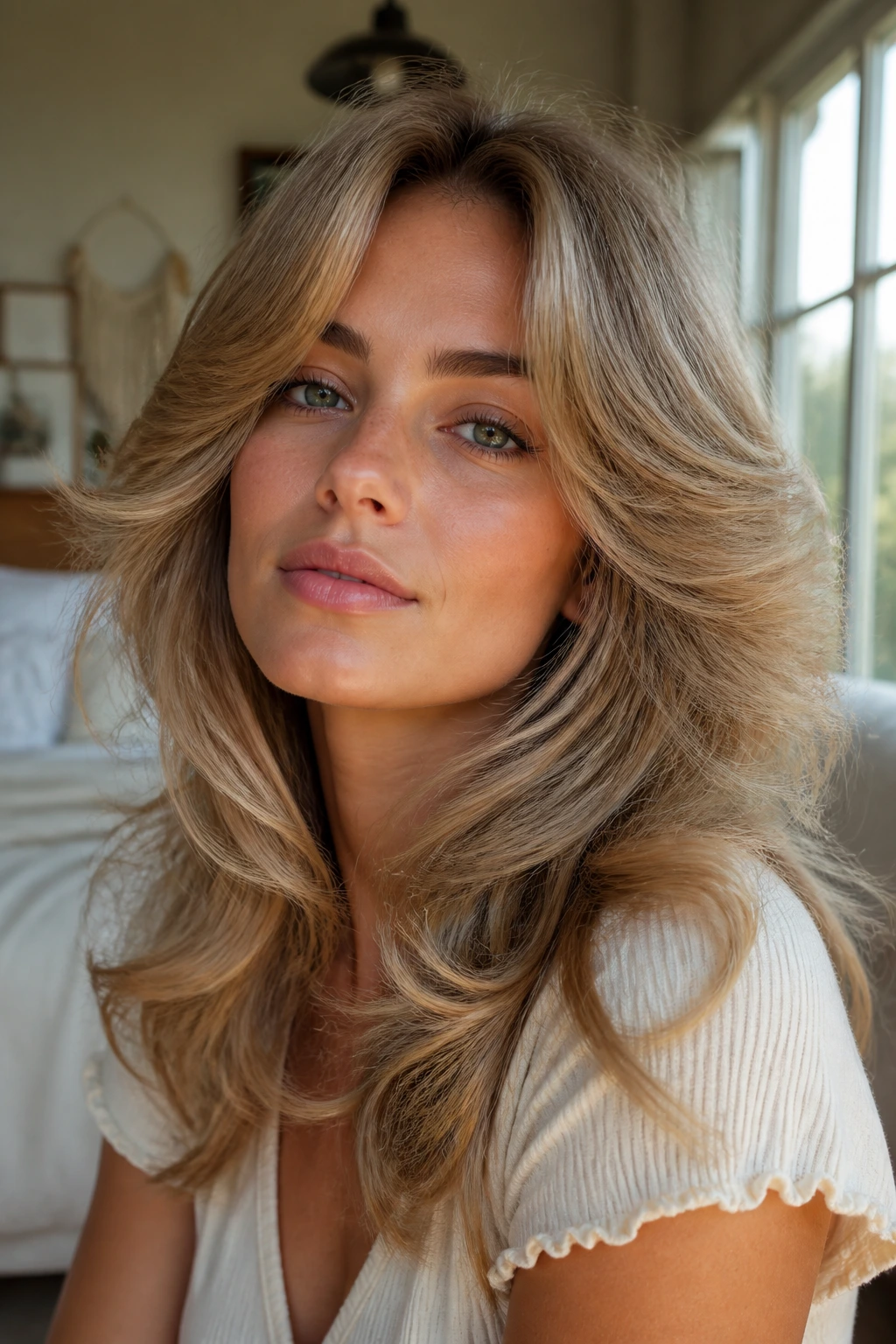 Real woman with feathery farrah waves framing the face in sunlight