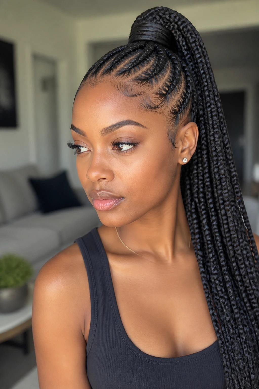 Close-up of feed-in braid ponytail with wrapped detail on a real woman