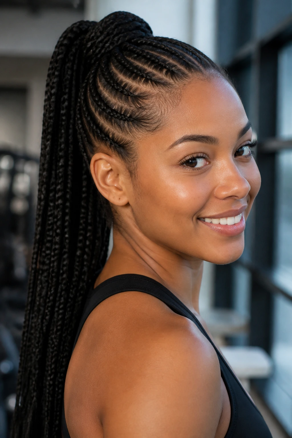 Real woman with a sleek feed-in braided ponytail in a bright, minimal background.