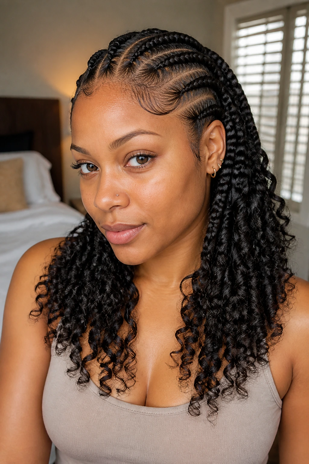 Close-up portrait of a woman with feed-in braids and curly ends under natural window light