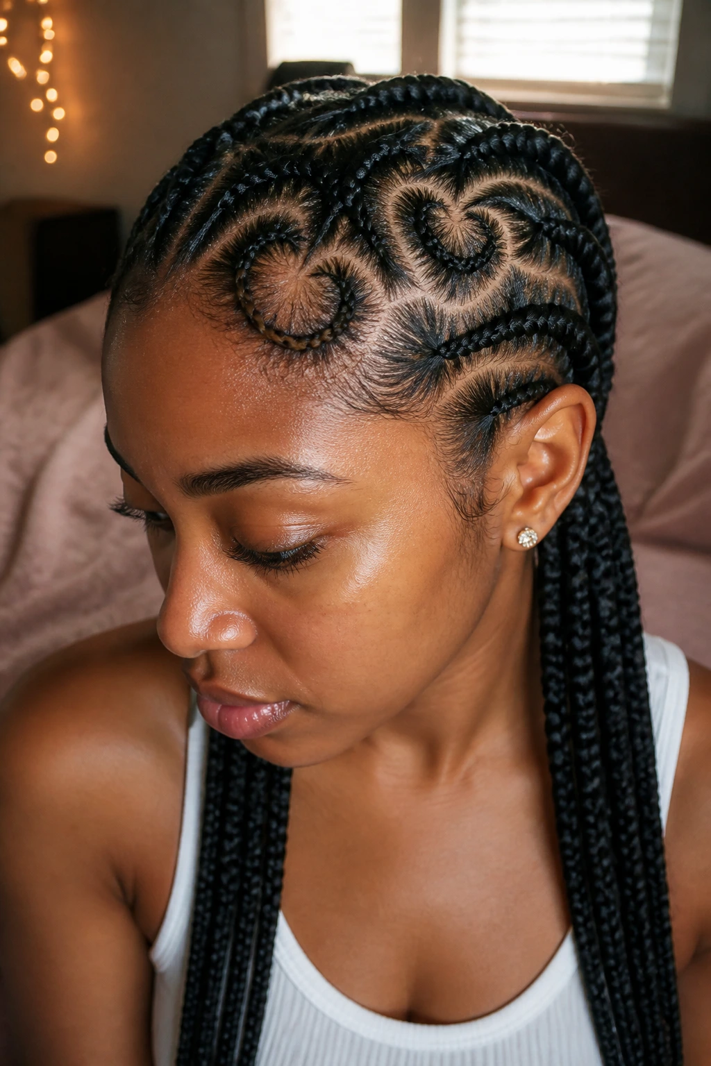 Close-up of a real Black woman with heart-shaped parts in feed-in braids