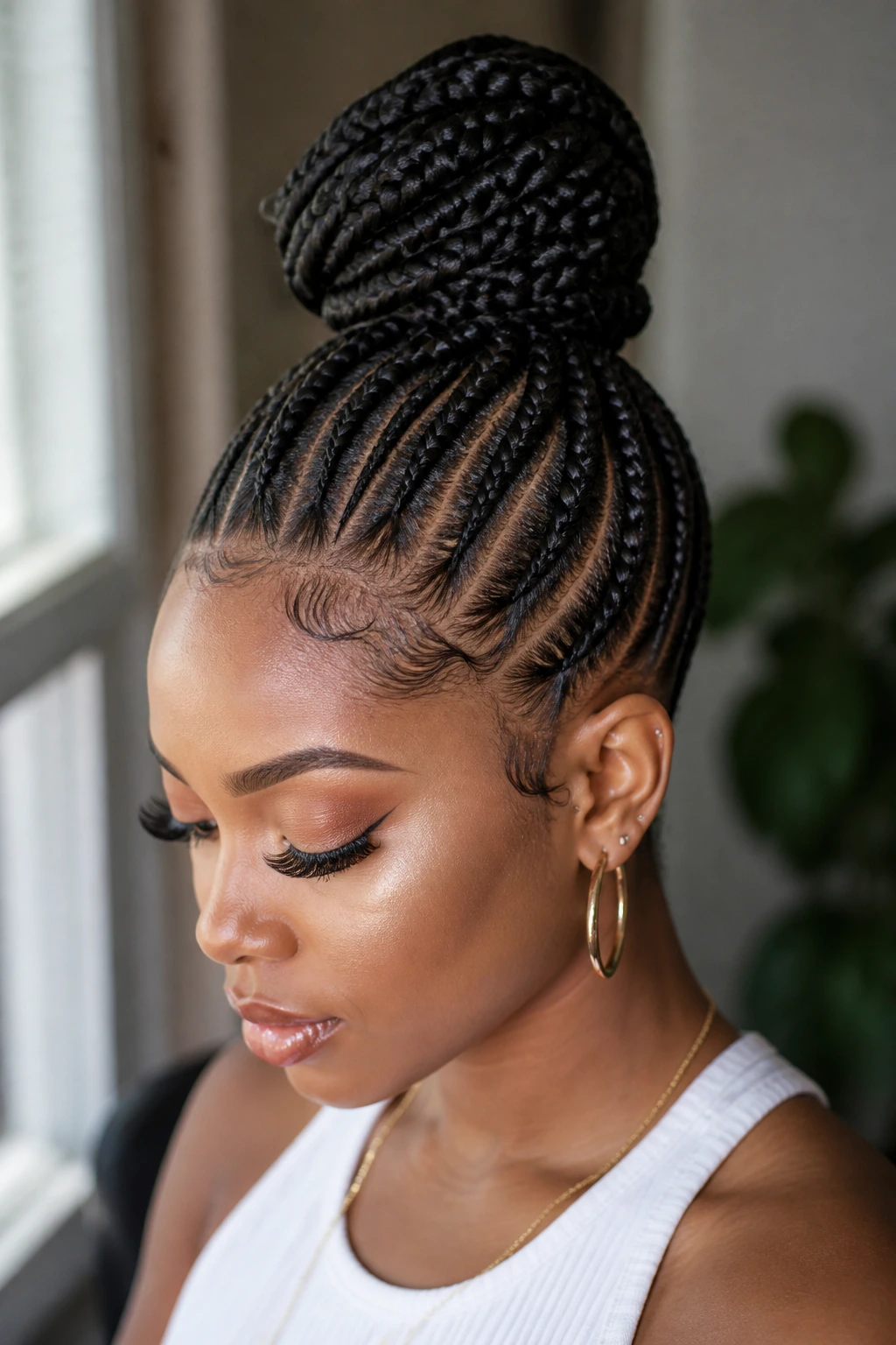 Portrait of woman with feed-in braids forming a high bun