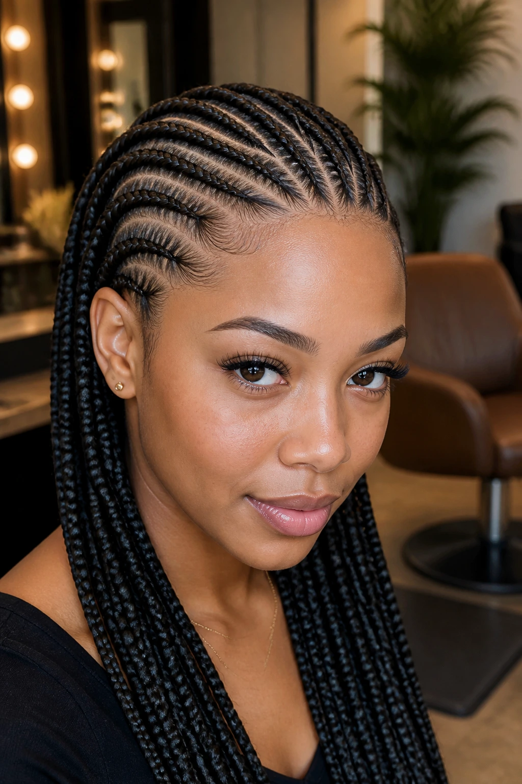 Close-up of a real person with high-tension feed-in braids along the hairline.